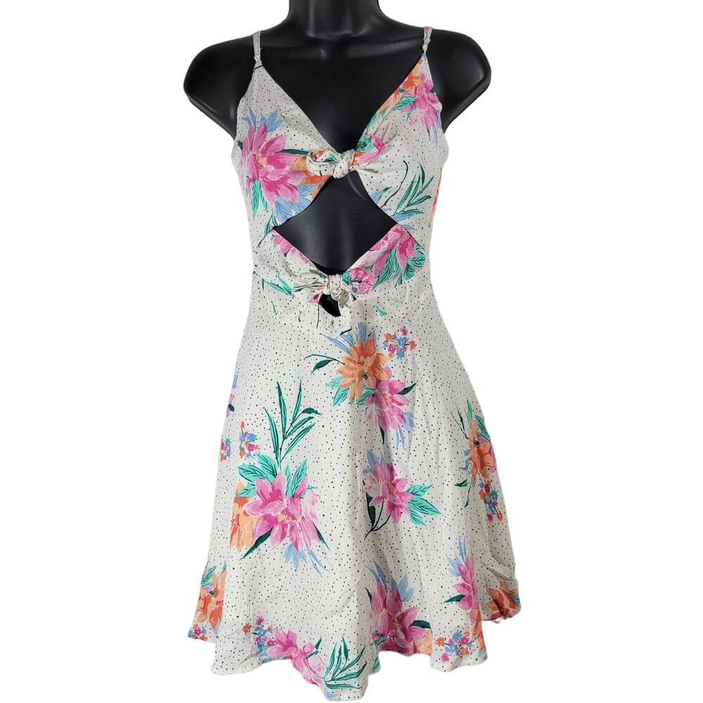 GB Style GB7184PRE Floral Smocked Cutout Dress White Pink Orange Blue Size S